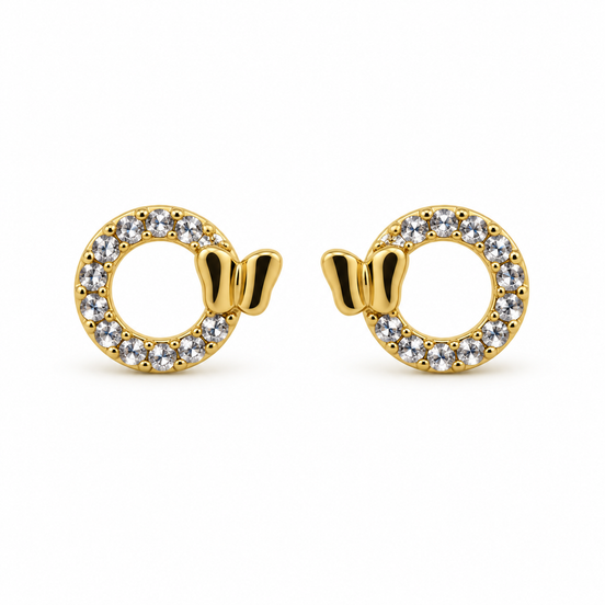 Gold Crystal Circle Bow Stud Earrings