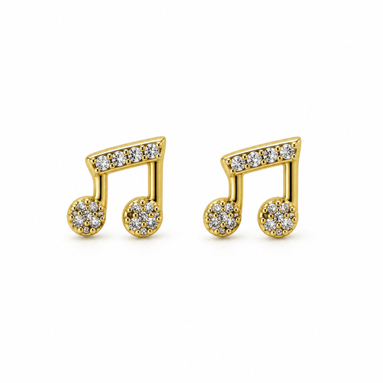 Gold Crystal Musical Note Stud Earrings