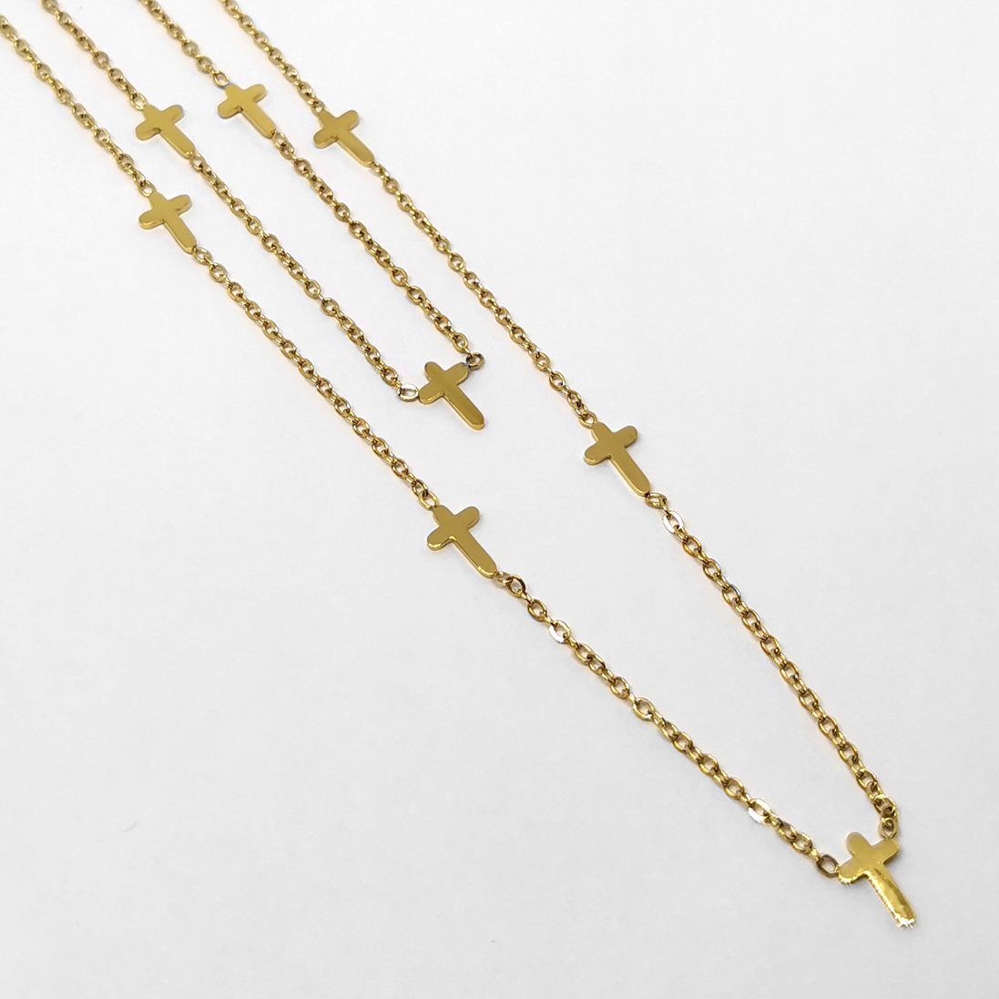 Stainless Steel Gold Necklace with Multiple Cross Charms