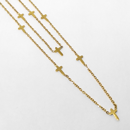 Stainless Steel Gold Necklace with Multiple Cross Charms