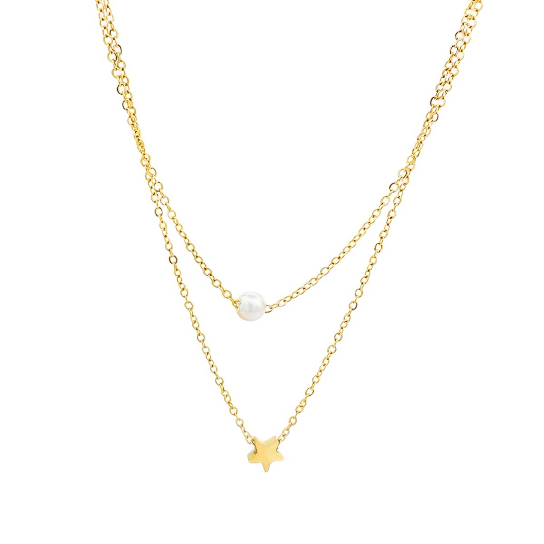 Stainless Steel Double-Layer Necklace with Pearl & Star