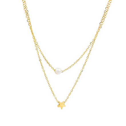 Stainless Steel Double-Layer Necklace with Pearl & Star