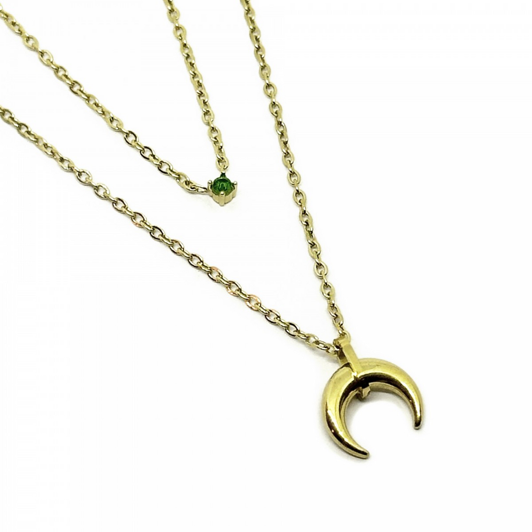 Stainless Steel Double-Layer Necklace with Crescent & Green Stone