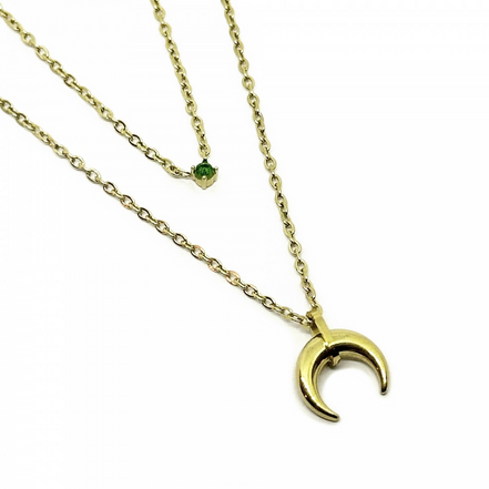 Stainless Steel Double-Layer Necklace with Crescent & Green Stone