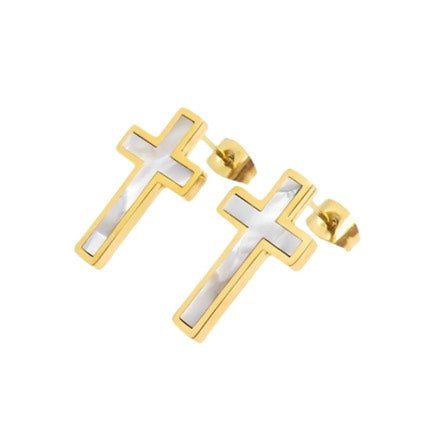 PUPPIS Goldfarbene Ohrstecker mit Kreuz und weißer Einlage