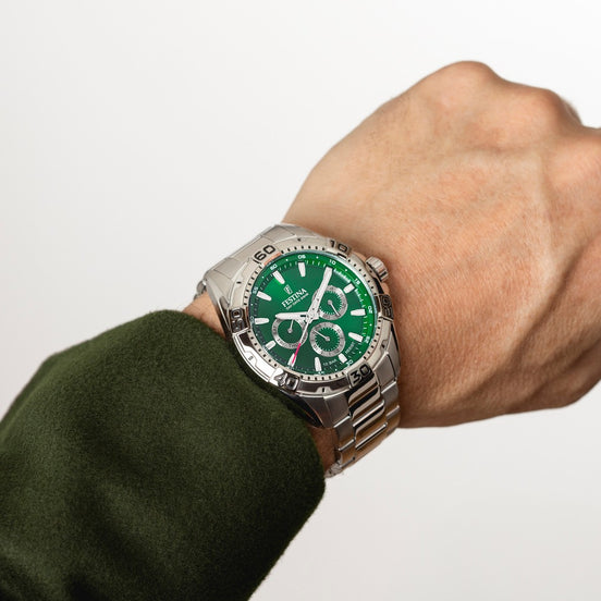 FESTINA | Men’s Day-Date Watch with Green Dial & Stainless Steel Bracele