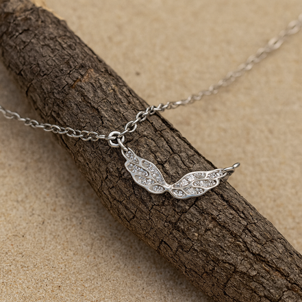 Stainless Steel Angel Wings Necklace with Zircon Stones – Silver
