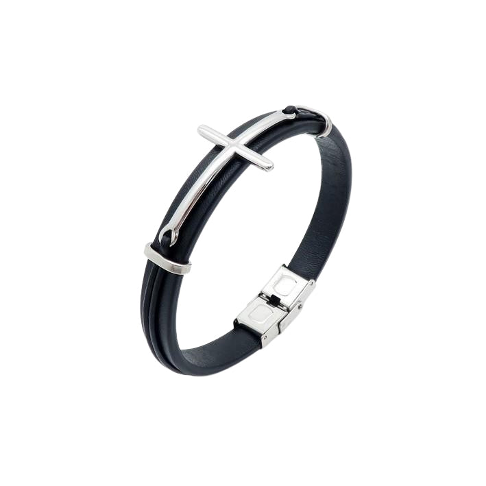Herrenarmband aus schwarzem Leder mit Kreuzanhänger