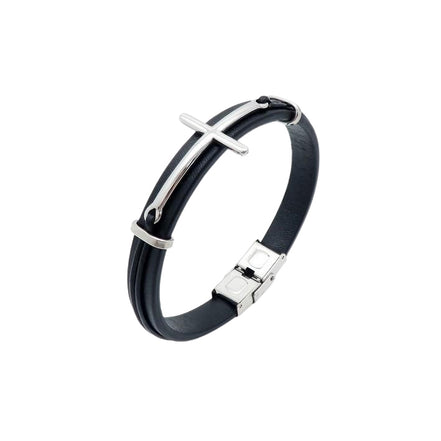 Herrenarmband aus schwarzem Leder mit Kreuzanhänger