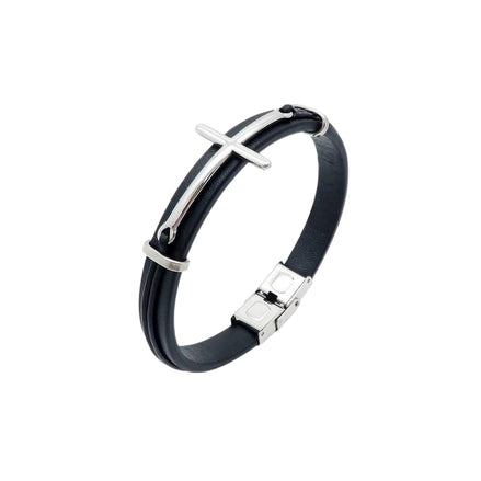 Herrenarmband aus schwarzem Leder mit Kreuzanhänger