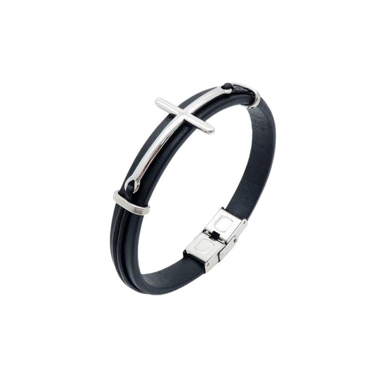 Men's Black Leather Cross Bracelet