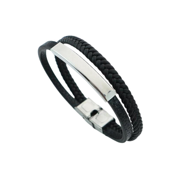 Men's Black Leather ID Bracelet
