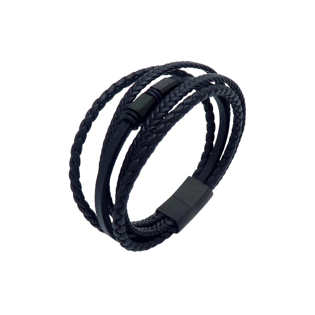Herrenarmband aus schwarzem Leder mit mehreren Lagen