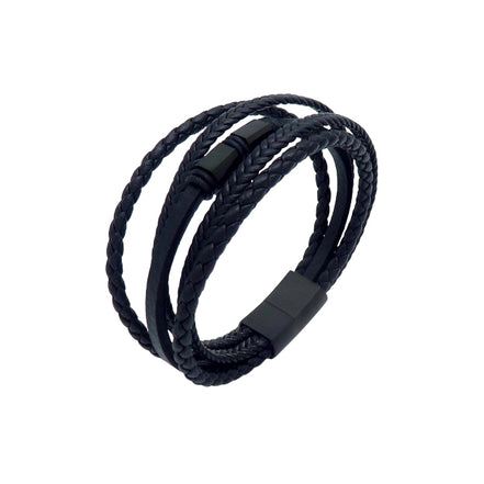 Herrenarmband aus schwarzem Leder mit mehreren Lagen