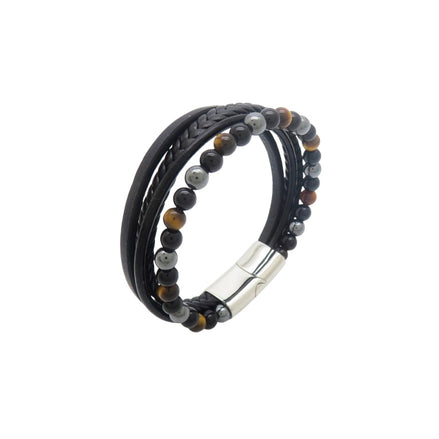 Herren-Armband aus mehrlagigem Leder und Natursteinen