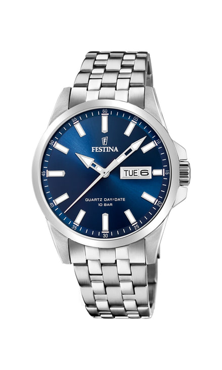 FESTINA | Ανδρικό Ρολόι Quartz με Μπλε Καντράν, Ένδειξη Ημέρας/Ημερομηνίας και Μπρασελέ από Ανοξείδωτο Ατσάλι 