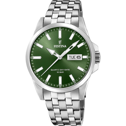 FESTINA | Ανδρικό Ρολόι Quartz με Πράσινο Καντράν, Ένδειξη Ημέρας/Ημερομηνίας και Μπρασελέ από Ανοξείδωτο Ατσάλι 