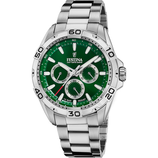 FESTINA | Men’s Day-Date Watch with Green Dial & Stainless Steel Bracele