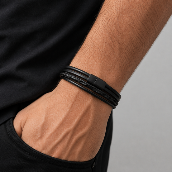 Men's Multi-Layer Black Leather Bracelet
